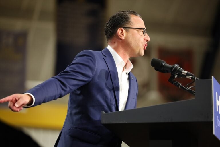 Gov. Josh Shapiro speaks to the crowd at a campaign event in Montgomery County for Kamala Harris with Gov. Gretchen Whitmer of Michigan. (Carmen Russell-Sluchansky)