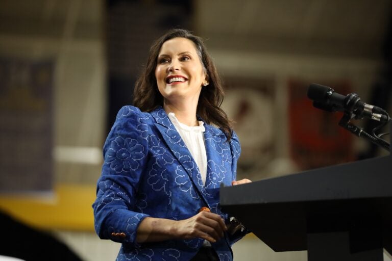 Gov. Gretchen Whitmer of Michigan speaks to Democrats at a campaign event in Montgomery County for Kamala Harris in Ambler, Pa. (Carmen Russell-Sluchansky)