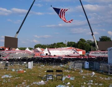 A campaign rally site for Republican presidential candidate former President Donald Trump is empty and littered with debris Saturday, July 13, 2024, in Butler, Pa.