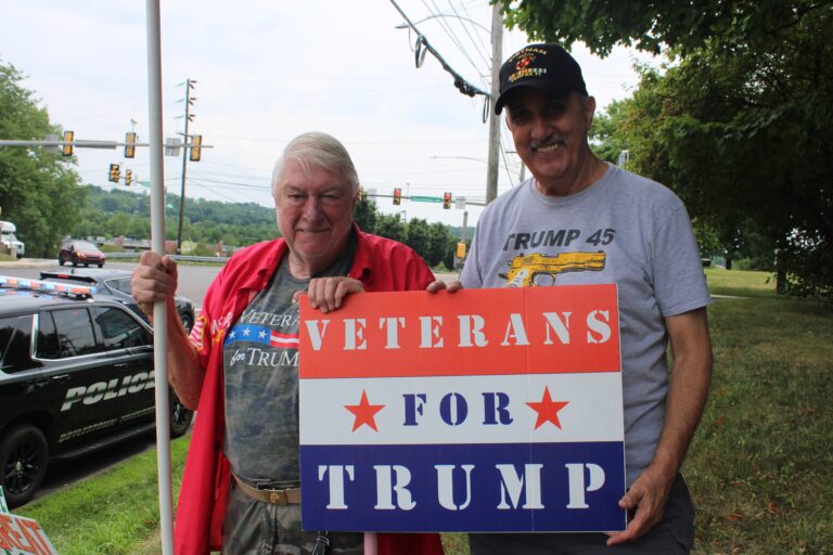 Rich Scott, left, 75, Buckingham Township resident, and Bob Bonino, right, Warminster resident, 76, are both Vietnam War veterans who support Trump for president. (Emily Neil/WHYY)