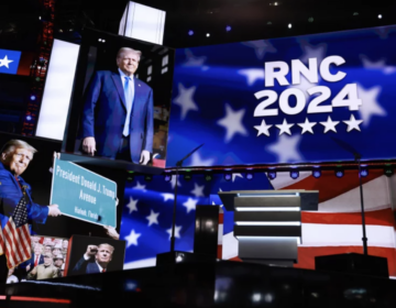 The stage is seen in the Fiserv Forum on the day before the Republican National Convention