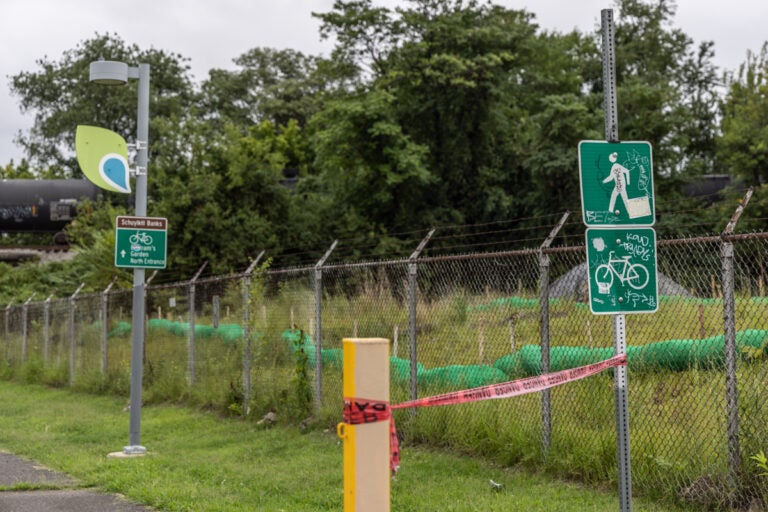 Part of the Bartram’s Garden hiking trail, closed due to possible contamination from an adjacent property that once stored petroleum tanks, on Aug. 7, 2024.