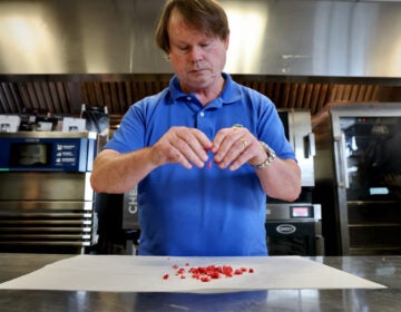 Matt McKenney crumbles blast-frozen raspberries into the desert topping known as raspberry caviar. Blast freezing preserves the shape and texture of the delicate fruits in a way that ordinary freezing can't. (Emma Lee/WHYY)