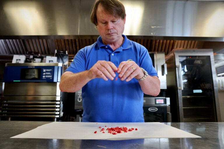 Matt McKenney crumbles blast-frozen raspberries into the desert topping known as raspberry caviar. Blast freezing preserves the shape and texture of the delicate fruits in a way that ordinary freezing can't. (Emma Lee/WHYY)