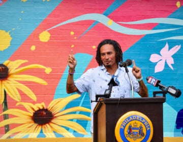 A man stands at a podium in front of a mural on a wall featuring yellow flowers and varying colors