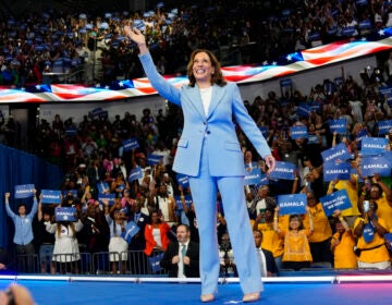 Kamala Harris waves on a stage in front of a crowd of people