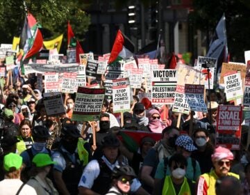 Protesters march holding pro-Palestinian signs