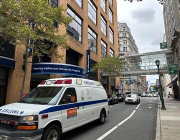 An ambulance in front of Jefferson University Hospital