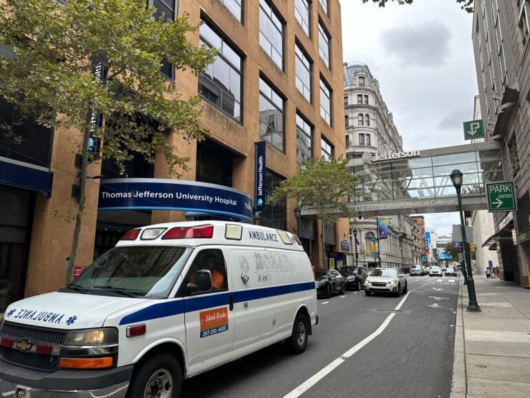 An ambulance in front of Jefferson University Hospital