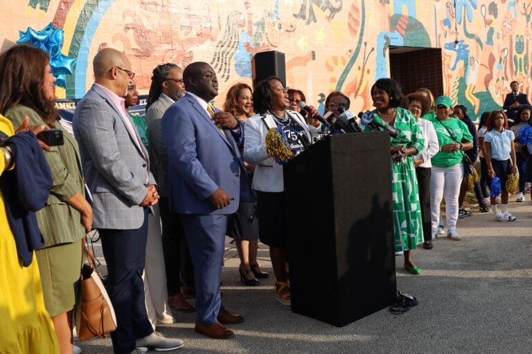 Mayor Cherelle Parker, Superintendent Tony Watlington join members of the board of education, City Council and The Links inc.  (Amanda Fitzpatrick/WHYY)