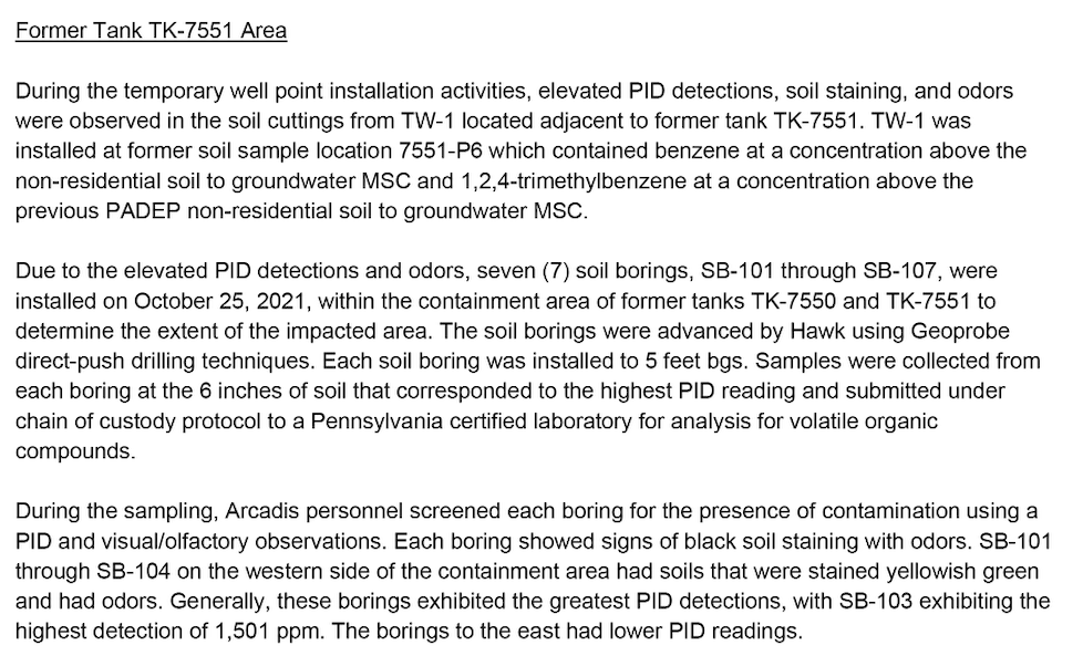 A document outlines the investigation into a chemical spill at Bartram's Gardens