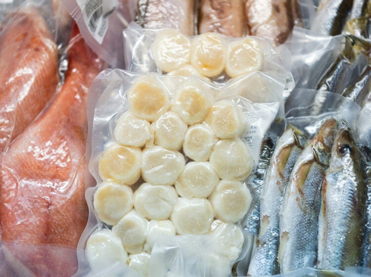 Frozen fish in a commercial freezer. Different river fish, fish cakes, sea bass.