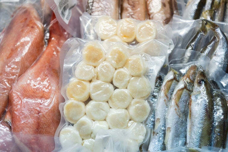 Frozen fish in a commercial freezer. Different river fish, fish cakes, sea bass.