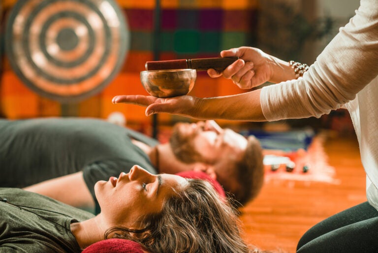 Tibetan singing bowl in sound therapy, color image