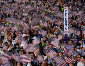 A crowd waves American flags