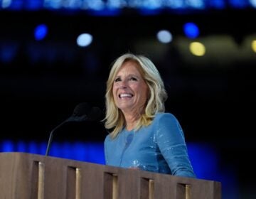 First Lady Jill Biden speaks during the Democratic National Convention Monday, Aug. 19, 2024, in Chicago. (AP Photo/Paul Sancya)