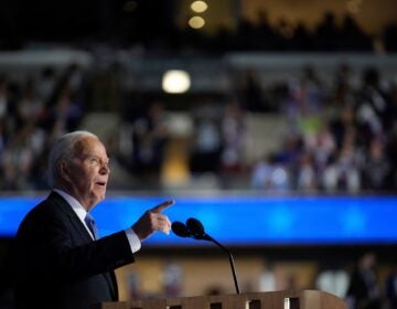 President Joe Biden speaks at the Democratic National Convention Monday, Aug. 19, 2024, in Chicago. (AP Photo/Paul Sancya)