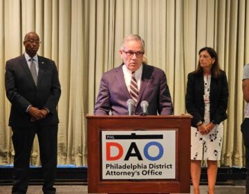 Larry Krasner behind a podium