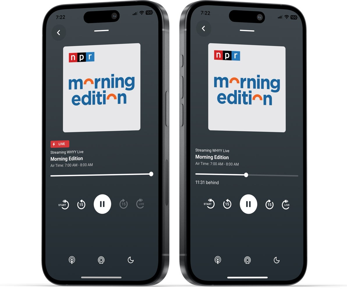 The image shows two smartphones displaying the WHYY app, both tuned into a live stream of NPR's Morning Edition.