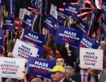 Attendees at the Republican National Convention hold up signs reading Mass Deportation Now!