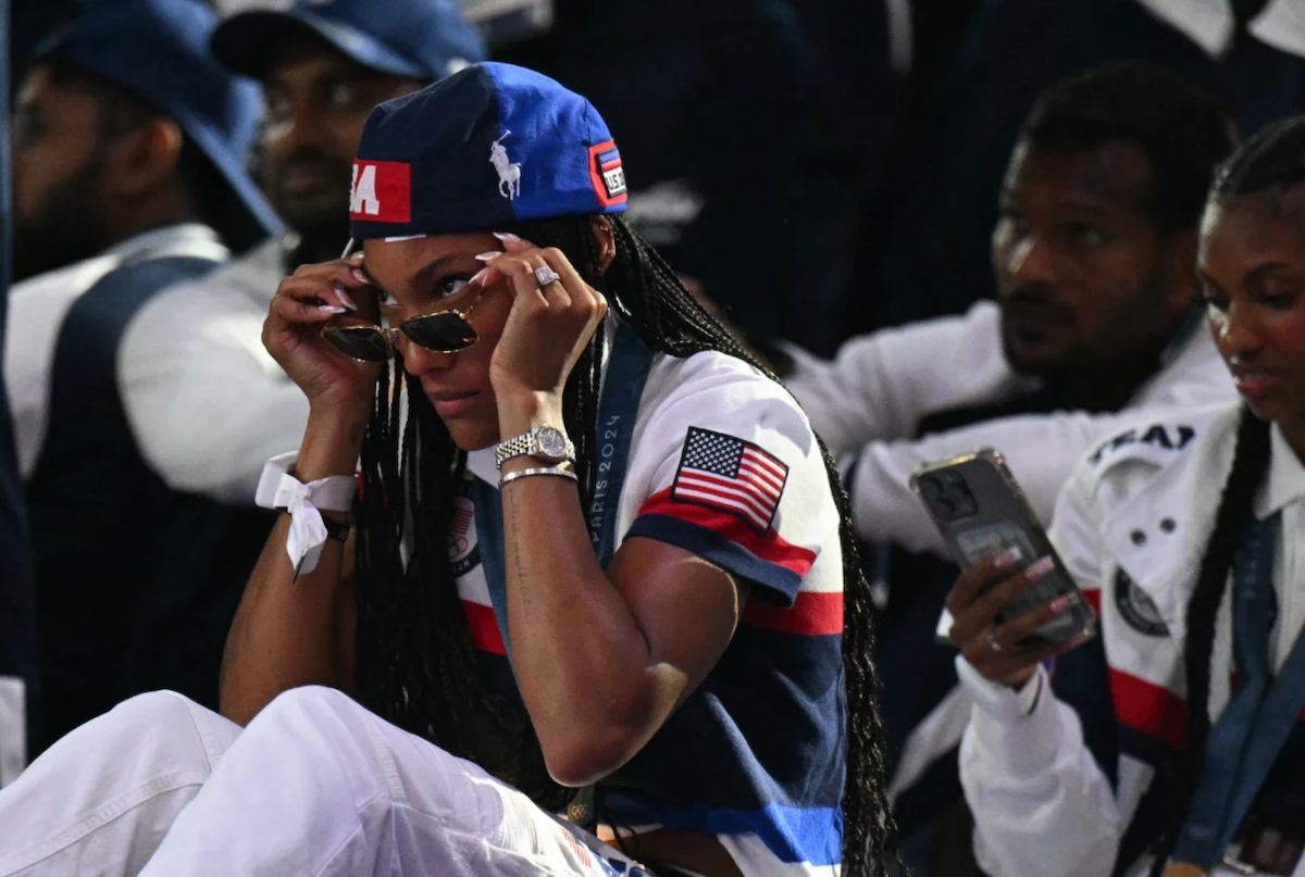 Gold medalist for the women's long jump, Tara Davis-Woodhall of the United States, reacts during the closing ceremony on Sunday.