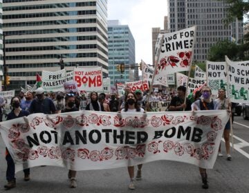 protesters hold signs in the street. The biggest reads not another bomb