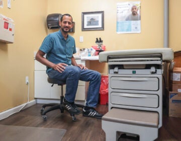 Dr. Serge-Emile Simpson, an emergency physician and clinic doctor, inside one of Prevent Point treatment rooms in 2023. (Kimberly Paynter/WHYY)