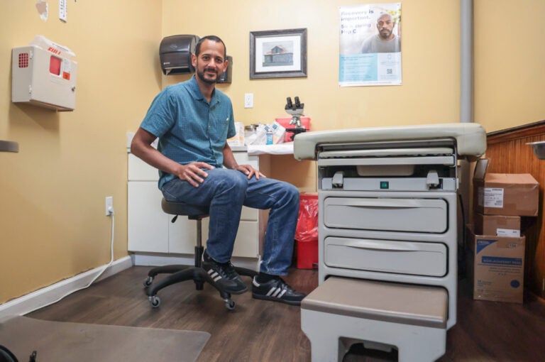 Dr. Serge-Emile Simpson, an emergency physician and clinic doctor, inside one of Prevent Point treatment rooms in 2023. (Kimberly Paynter/WHYY)