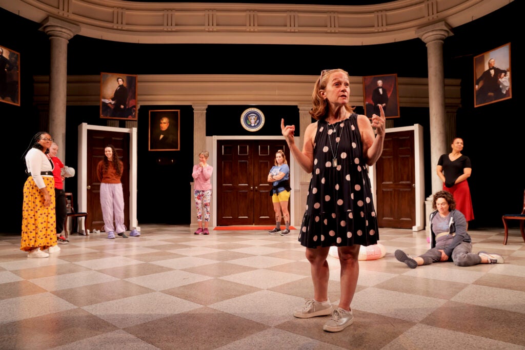 Jennifer Childs onstage with cast members