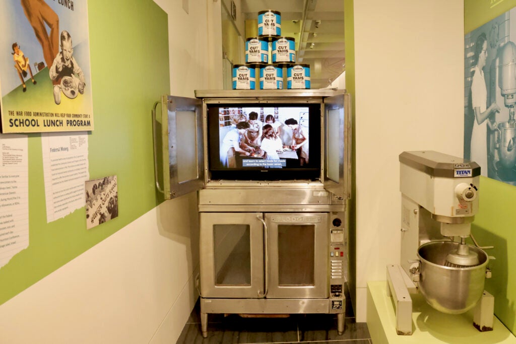 an oven with a screen inside showing a video, next to a standing mixer