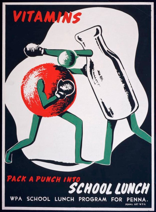 a poster shows milk fighting an apple and reads VITAMINS PACK A PUNCH INTO SCHOOL LUNCH