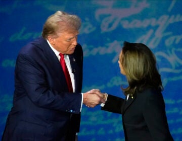 Republican presidential nominee former President Donald Trump shakes hands with Democratic presidential nominee Vice President Kamala Harris during an ABC News presidential debate at the National Constitution Center, Tuesday, Sept.10, 2024, in Philadelphia. (AP Photo/Alex Brandon)