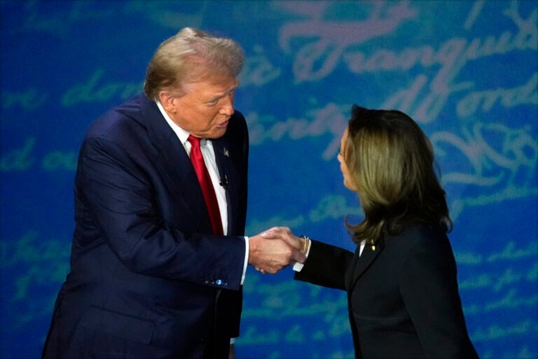 Republican presidential nominee former President Donald Trump shakes hands with Democratic presidential nominee Vice President Kamala Harris during an ABC News presidential debate at the National Constitution Center, Tuesday, Sept.10, 2024, in Philadelphia. (AP Photo/Alex Brandon)