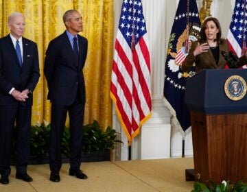 Kamala Harris speaking at a podium with Joe Biden and Barack Obama standing beside her