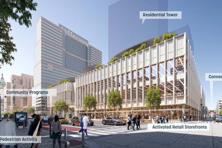 Graphic renderings show a residential tower, retail storefronts and increased pedestrian activity at the Fashion District