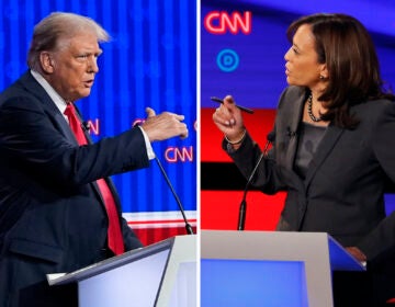 This combination photo shows Republican presidential candidate former President Donald Trump speaking during a presidential debate, June 27, 2024, in Atlanta, left, and Sen. Kamala Harris, D-Calif., speaking during a Democratic presidential primary debates, July 31, 2019, in Detroit. (AP Photo)