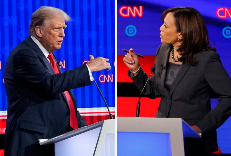 This combination photo shows Republican presidential candidate former President Donald Trump speaking during a presidential debate, June 27, 2024, in Atlanta, left, and Sen. Kamala Harris, D-Calif., speaking during a Democratic presidential primary debates, July 31, 2019, in Detroit. (AP Photo)