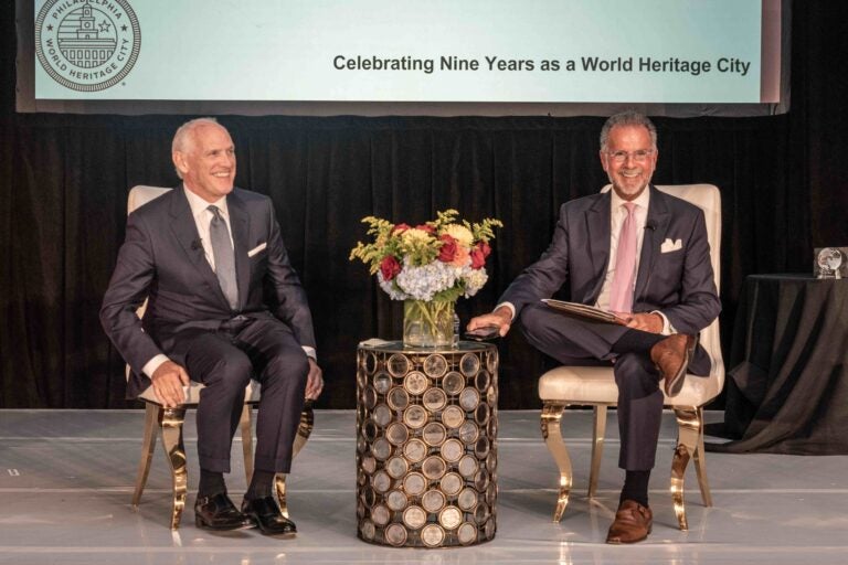 WHYY President and CEO Bill Marrazzo (right) led a fireside chat with Daniel J. Hilferty, Chairman and CEO of Comcast Spectator, during the ninth World Heritage City Celebration at the Crystal Team Room on Sept. 5, 2024. Hilferty was honored as the 2024 Distinguished Global Leadership Honoree. Philadelphia was selected as America’s first World Heritage City in 2015, which denotes its global significance and cultural influence.