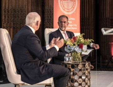 WHYY President and CEO Bill Marrazzo (right) led a fireside chat with Daniel J. Hilferty, Chairman and CEO of Comcast Spectator, during the ninth World Heritage City Celebration at the Crystal Team Room on Sept. 5, 2024. Hilferty was honored as the 2024 Distinguished Global Leadership Honoree. Philadelphia was selected as America’s first World Heritage City in 2015, which denotes its global significance and cultural influence.