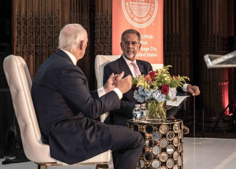 WHYY President and CEO Bill Marrazzo (right) led a fireside chat with Daniel J. Hilferty, Chairman and CEO of Comcast Spectator, during the ninth World Heritage City Celebration at the Crystal Team Room on Sept. 5, 2024. Hilferty was honored as the 2024 Distinguished Global Leadership Honoree. Philadelphia was selected as America’s first World Heritage City in 2015, which denotes its global significance and cultural influence.