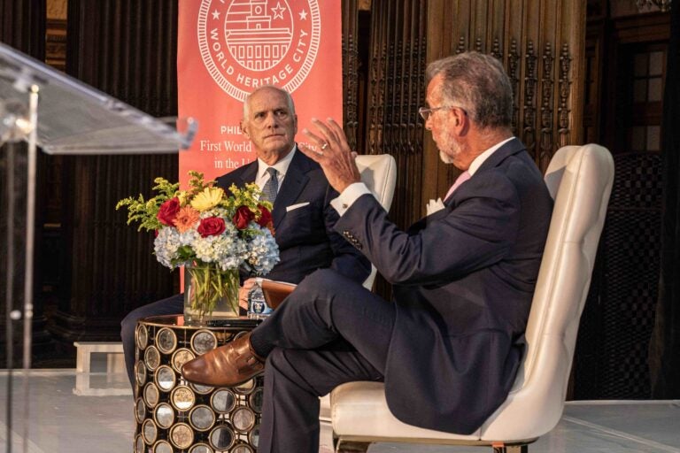 WHYY President and CEO Bill Marrazzo (right) led a fireside chat with Daniel J. Hilferty, Chairman and CEO of Comcast Spectator, during the ninth World Heritage City Celebration at the Crystal Team Room on Sept. 5, 2024. Hilferty was honored as the 2024 Distinguished Global Leadership Honoree. Philadelphia was selected as America’s first World Heritage City in 2015, which denotes its global significance and cultural influence.