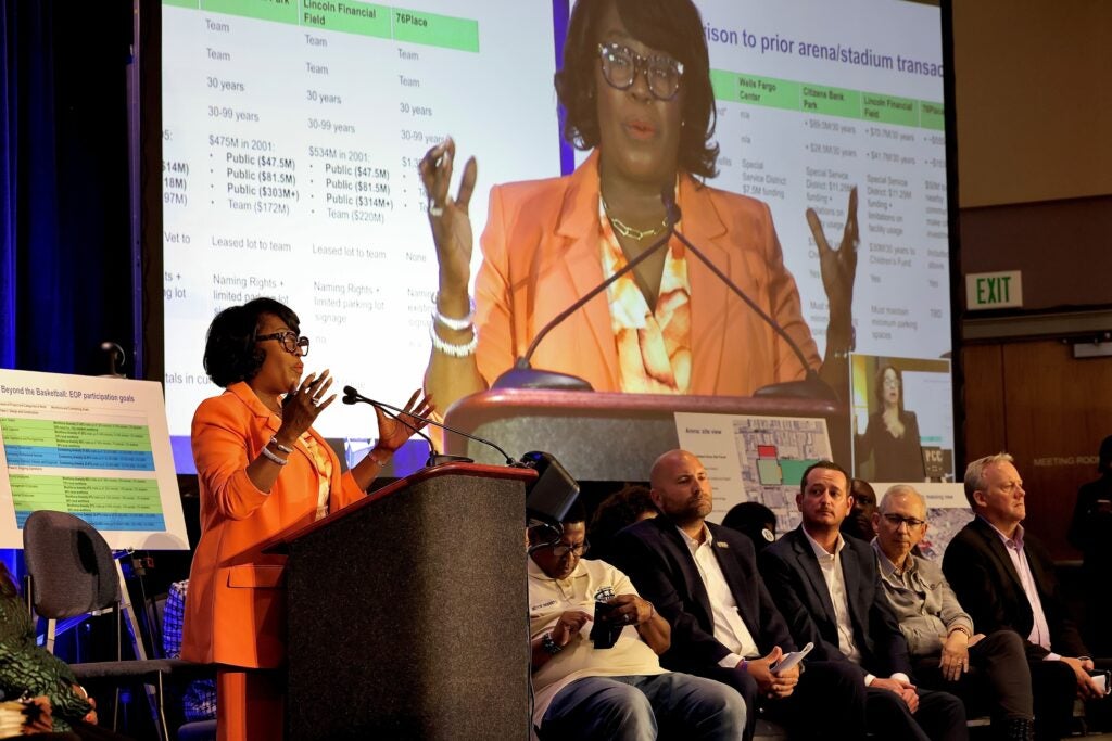 Mayor Cherelle Parker speaks behind a podium