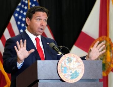 Ron DeSantis speaks behind a podium