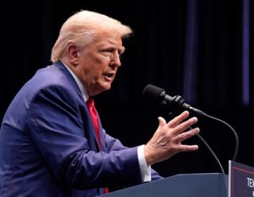 Donald Trump speaks behind a podium