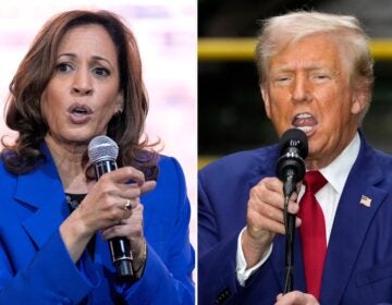 a side-by-side of Kamala Harris and Donald Trump speaking