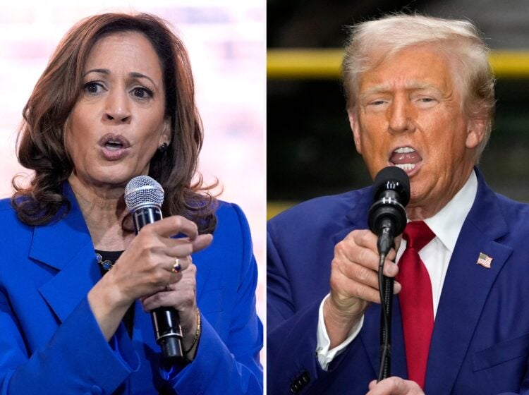 a side-by-side of Kamala Harris and Donald Trump speaking