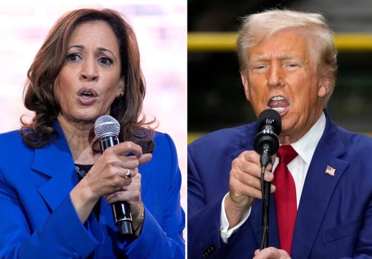 a side-by-side of Kamala Harris and Donald Trump speaking