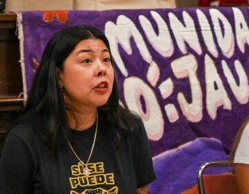 Erika Guadalupe Nuñez, executive director of Juntos, speaks at a Sept. 4 press conference at Temple's Law School.