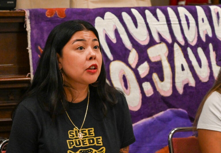 Erika Guadalupe Nuñez, executive director of Juntos, speaks at a Sept. 4 press conference at Temple's Law School.