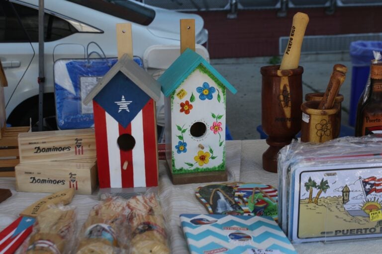 two birdhouses, one with a floral design and the other designed around the Puerto Rican flag